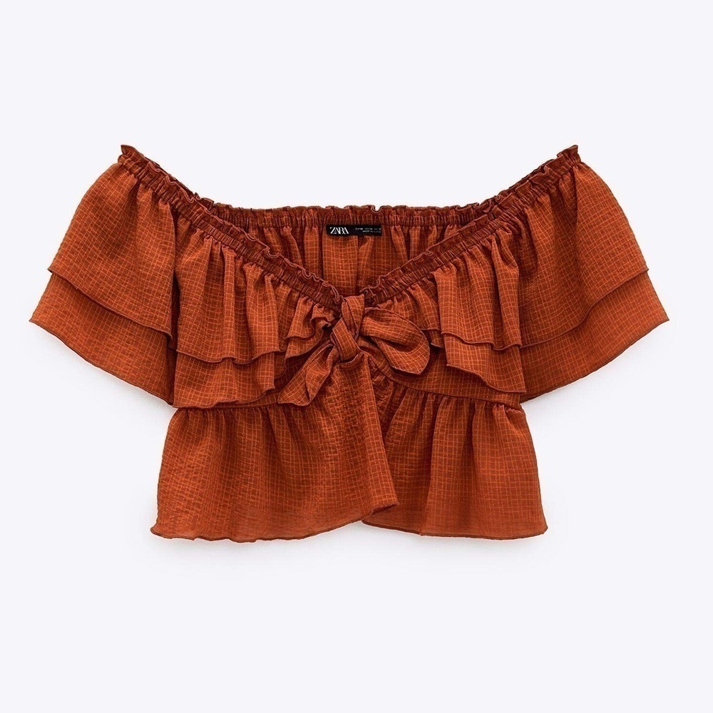 Zara Rust Orange Ruffled Off-Shoulder Crop Top - Picture 3 of 8